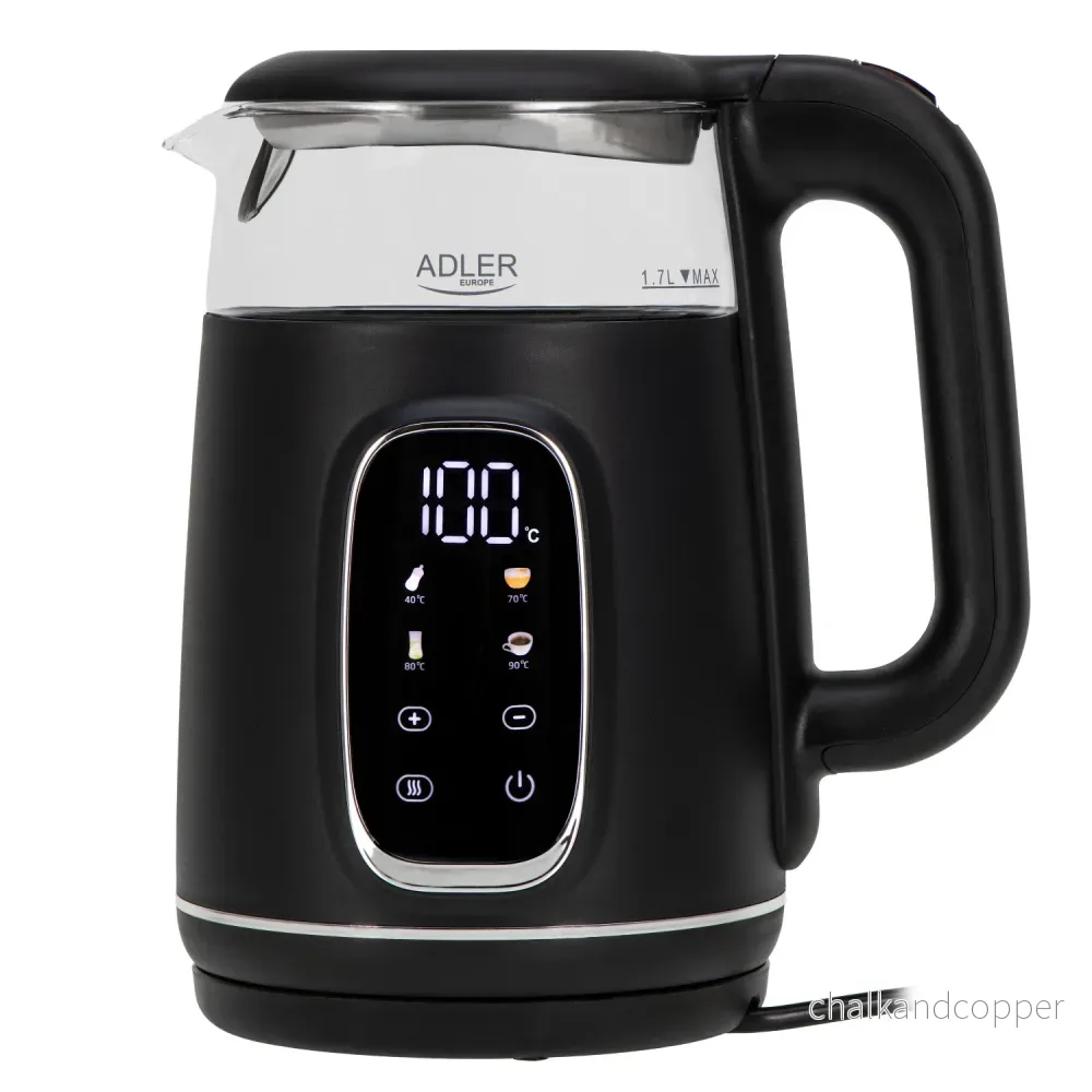 Elektrisk vattenkokare i glas 1,7L Adler, Svart och silver, Temperaturkontroll, LED-display, AD 1305 bs
