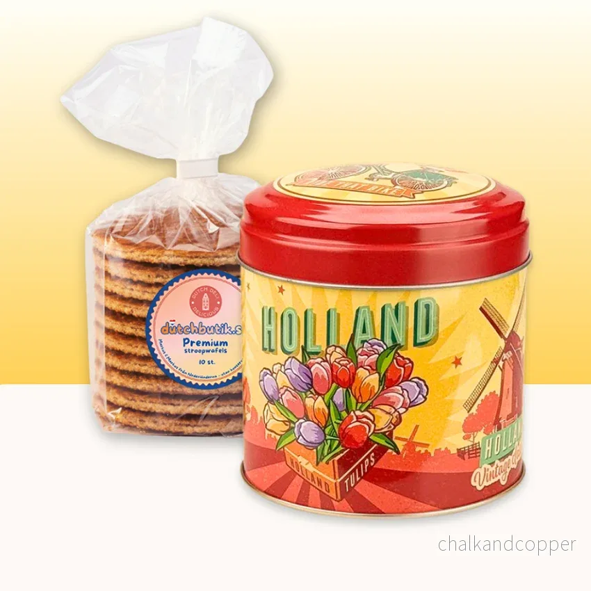 Tulpan & Kvarn Röd/Gul Burk med premium Stroopwafels (10 st, ca 350 g totalt) – Exklusivt Gåvoset