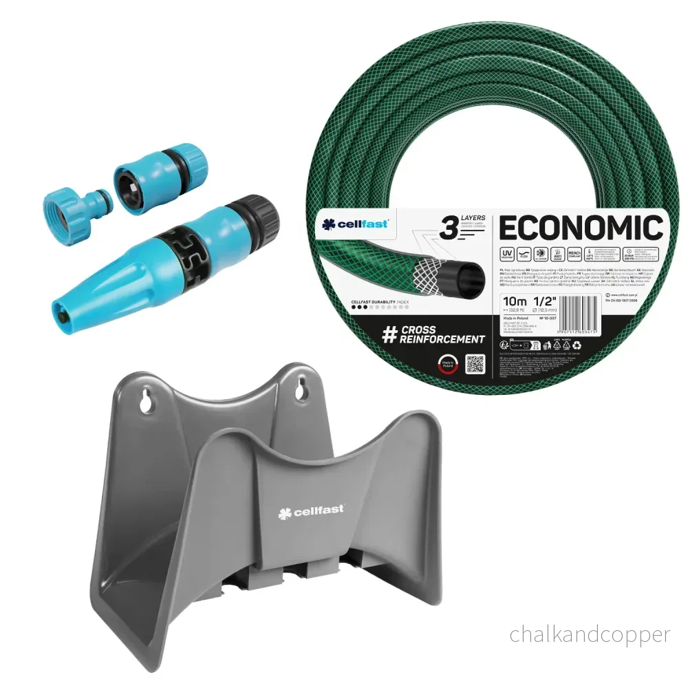 Cellfast Economic trädgårdsslang 1/2" 10 m + Cellfast slanghållare, grå + set med Cellfast Basic rak sprinkler 1/2"