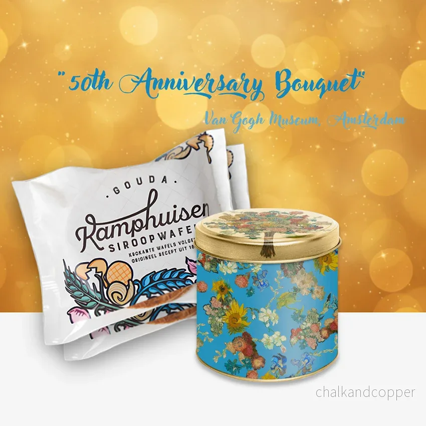 Van Gogh Stroopwafel Plåtburk – Vincent’s Flowers Anniversary med Kamphuisen sirapsvåfflor (10 st, ca 250 g totalt) – Exklusivt gåvoset