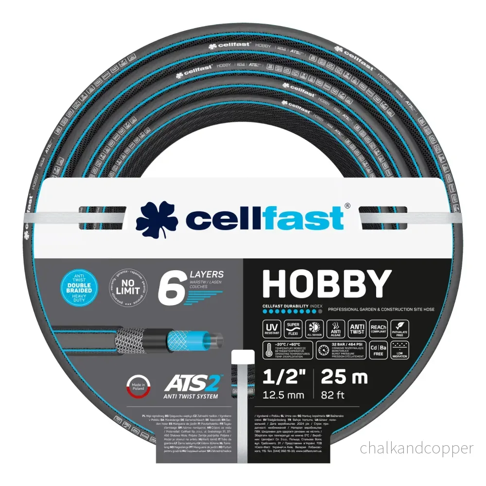 Cellfast Hobby ATS2 trädgårdsslang 1/2" 25 m + Cellfast slanghållare (grå) + set med Cellfast Basic rak sprinkler 1/2" - Bild 2