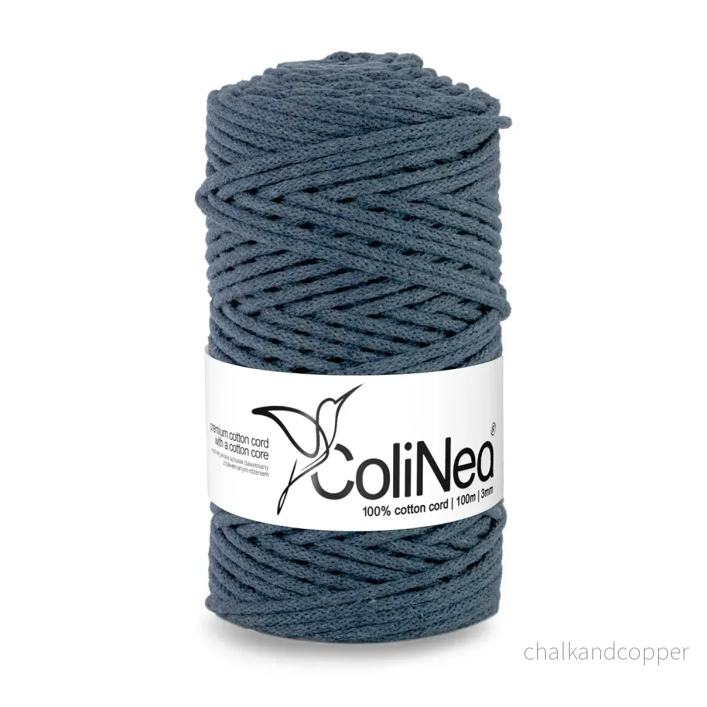 ColiNea, bomullssnöre med bomullskärna, flätat, 3mm, 100m, denim