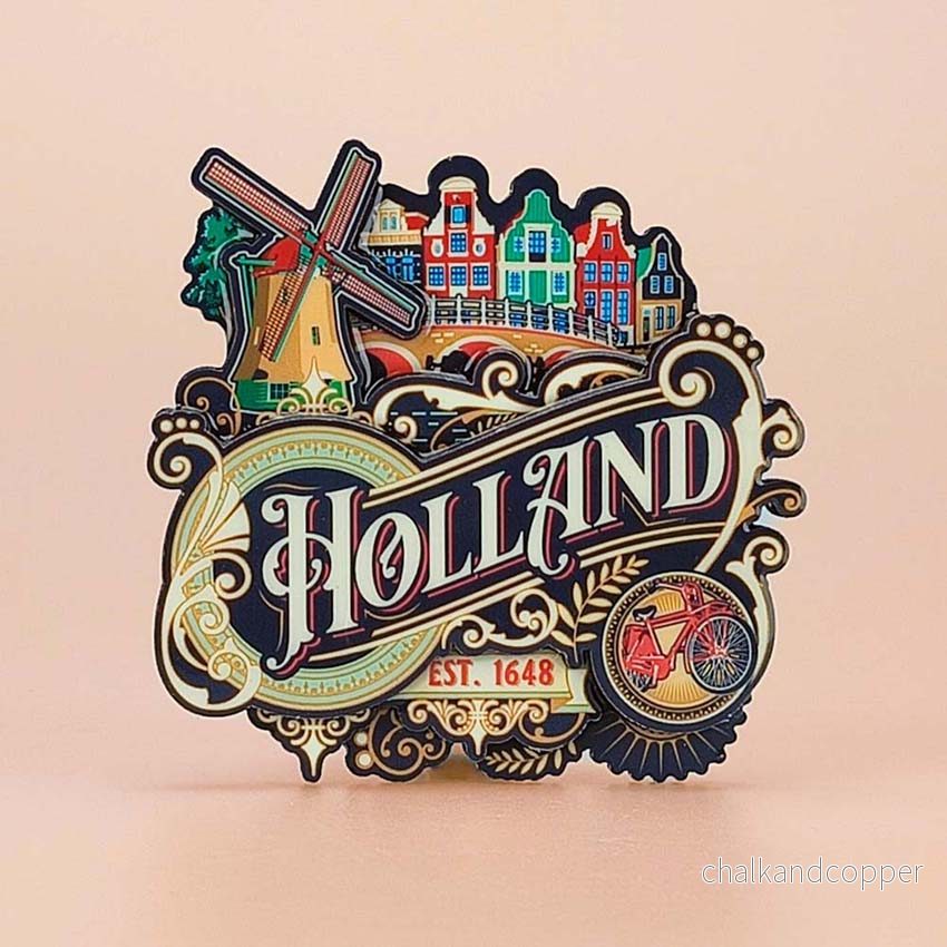 Magnet med Vintage Hollandmotiv – Kanalhus & Väderkvarn Magnet med Vintage Hollandmotiv – Kanalhus & Väderkvarn