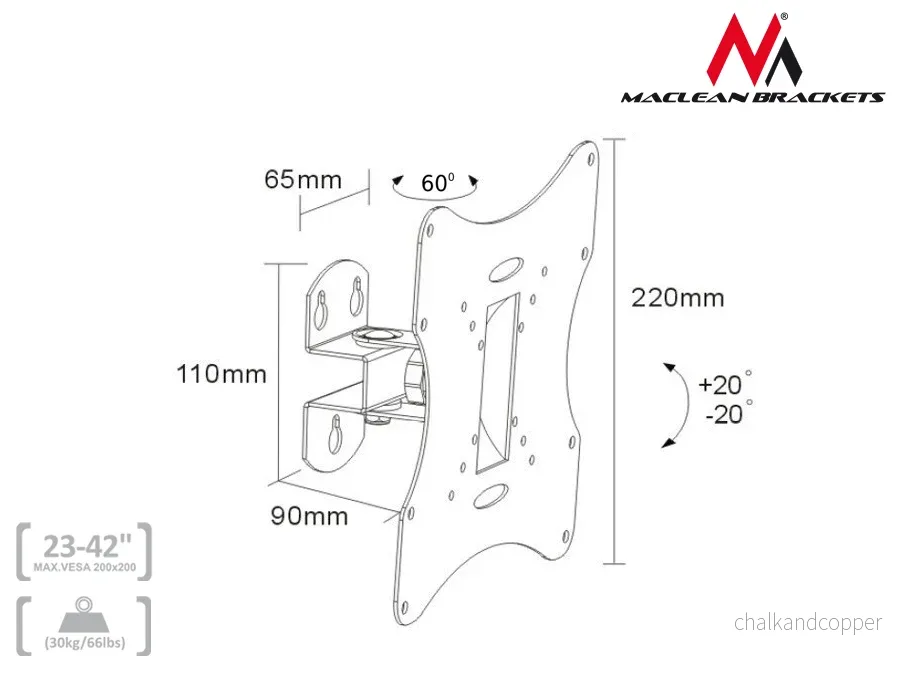 Fäste för TV eller monitor Maclean MC-501A B, universal, max VESA 200x200, 23-50", 30kg, svart - Bild 2