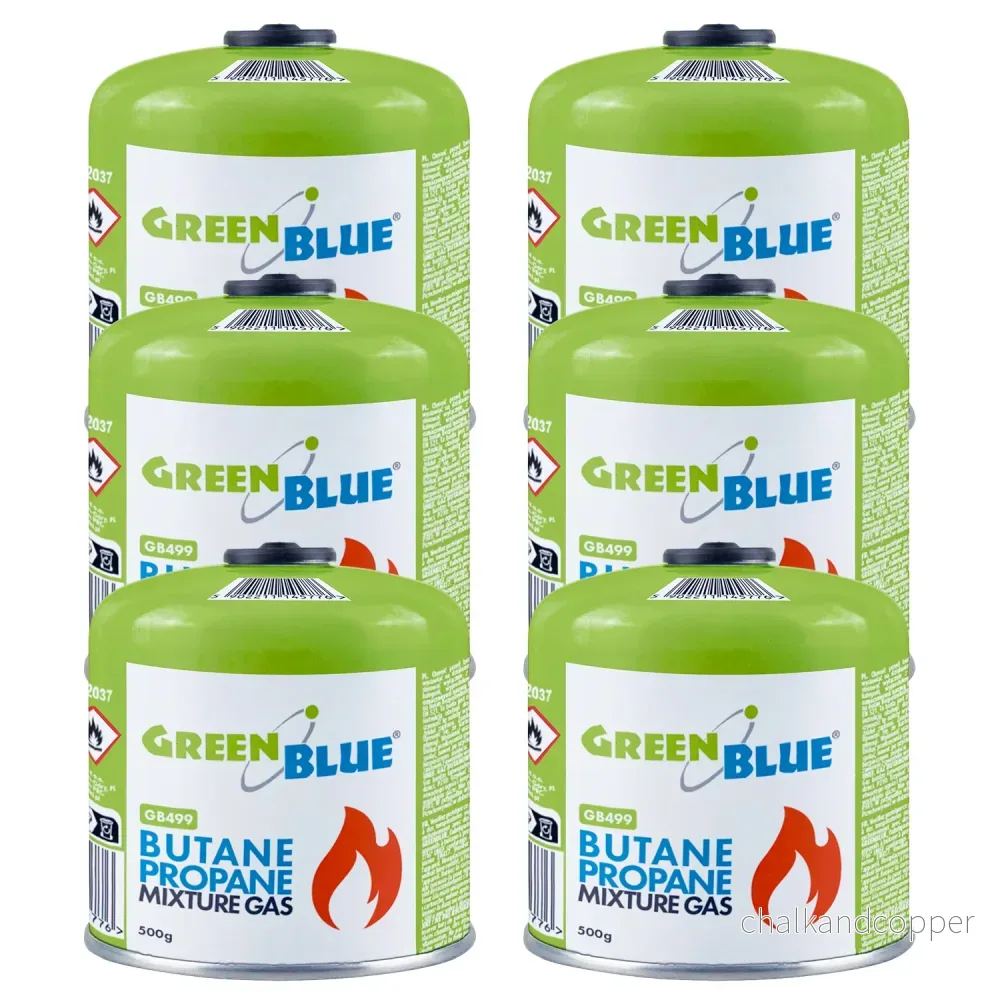 6 st. GreenBlue-gaspatroner à 500 g. Certifikat: Pi 0437, uppfyller EN417, butan-propan, användningstemperatur -10 °C till +40 °C, gängad ventil 7/16'' GB499