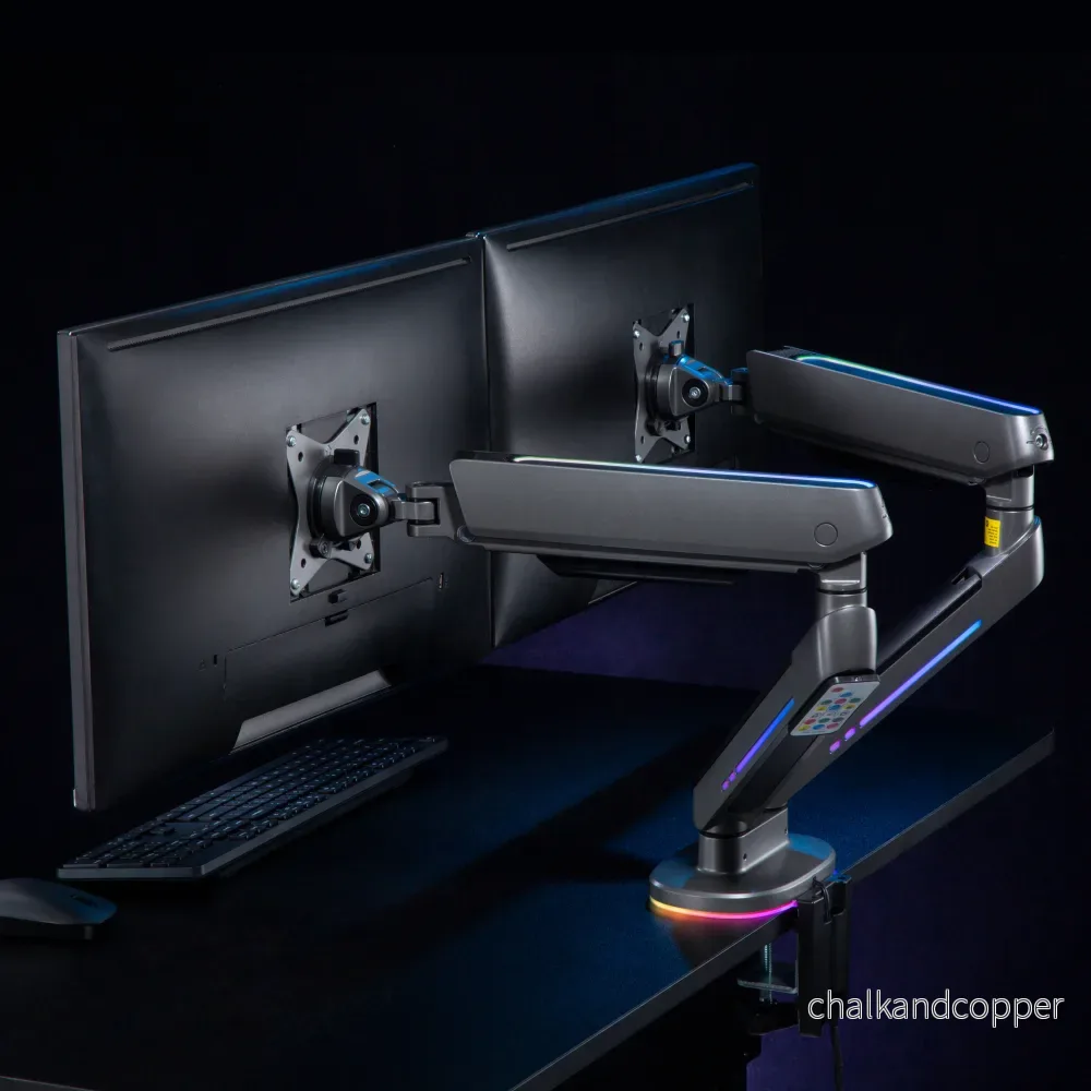 NanoRS RS166 2-fack Gaming Monitor Fäste 17-32" Med Justerbar RGB LED-Belysning Skrivbordsfäste Höjdinställningsbart Svängbart Tilt Max. 9kg VESA 75x75 / 100x100 - Bild 2