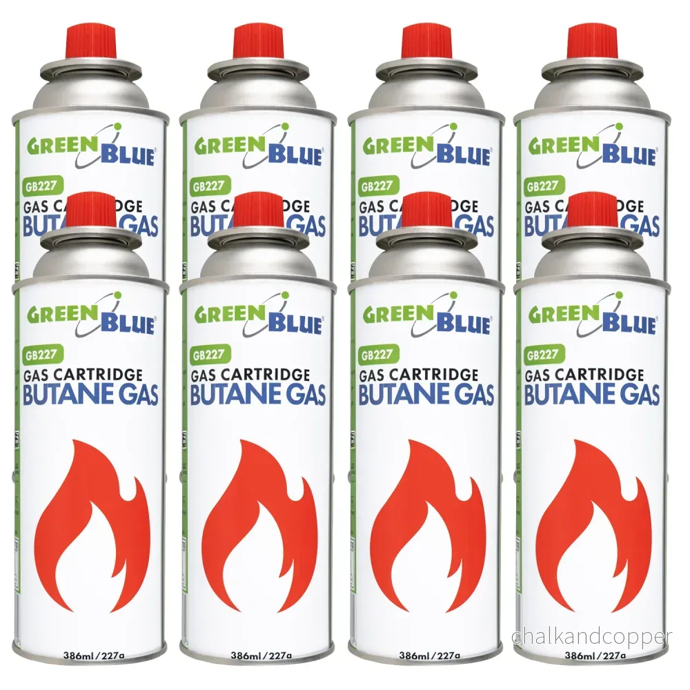 8 gaspatroner à 227 g GreenBlue. Certifikat: Pi 0875, uppfyller standarden EN417, butan, användningstemperatur -10 °C till +40 °C, GB227
