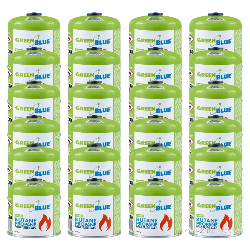 24 st. GreenBlue-gaspatroner à 500 g. Certifikat: Pi 0437, uppfyller EN417, butan-propan, användningstemperatur -10 °C till +40 °C, gängad ventil 7/16'' GB499