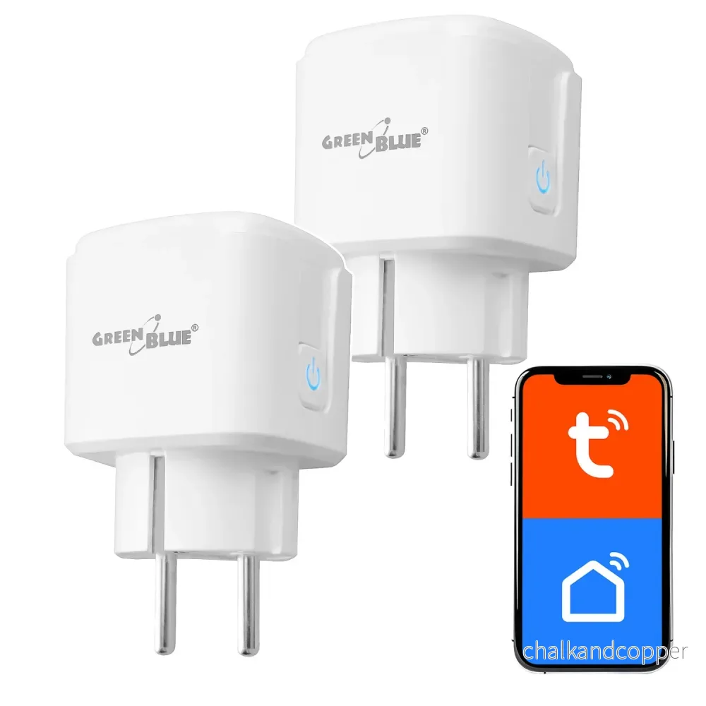 GreenBlue WiFi-styrd eluttag, Android/iOS/Alexa/Google Home, timer, effektmätare, max 16 A/3 840 W, GB735 W, 2 st