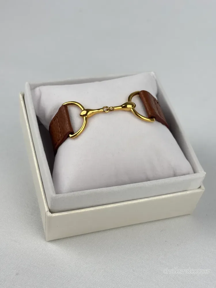 Armband tvådelat bett guldpläterat rostfritt stål & brunt läder - Bild 3