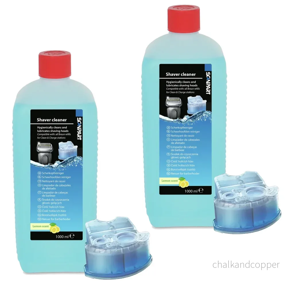 Rengöringsmedel för Brauns rakhuvuden, citrondoft, 1 liter plus påfyllningspatroner, 2 st