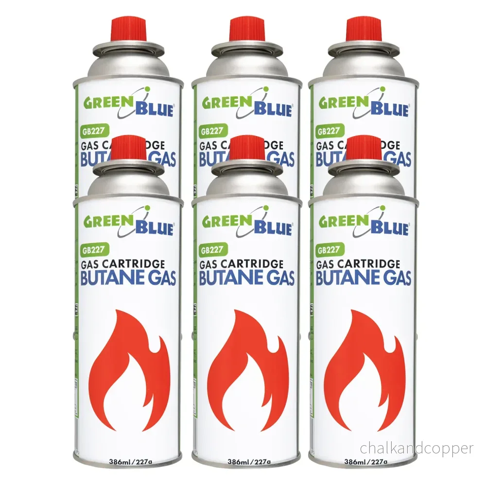 6 gaspatroner à 227 g GreenBlue. Certifikat: Pi 0875, uppfyller standarden EN417, butan, användningstemperatur -10 °C till +40 °C, GB227