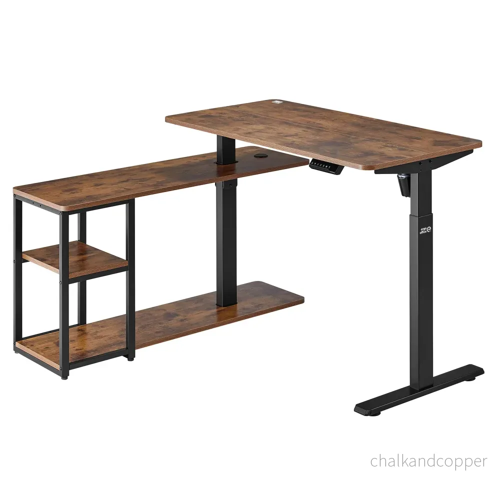 Ergo Office elektriskt lyftbord, max. höjd 121cm, max. 70 kg, med bordsskiva och hyllor, för stående och sittande, rustikbrun, ER-450, 2 delar - Bild 3