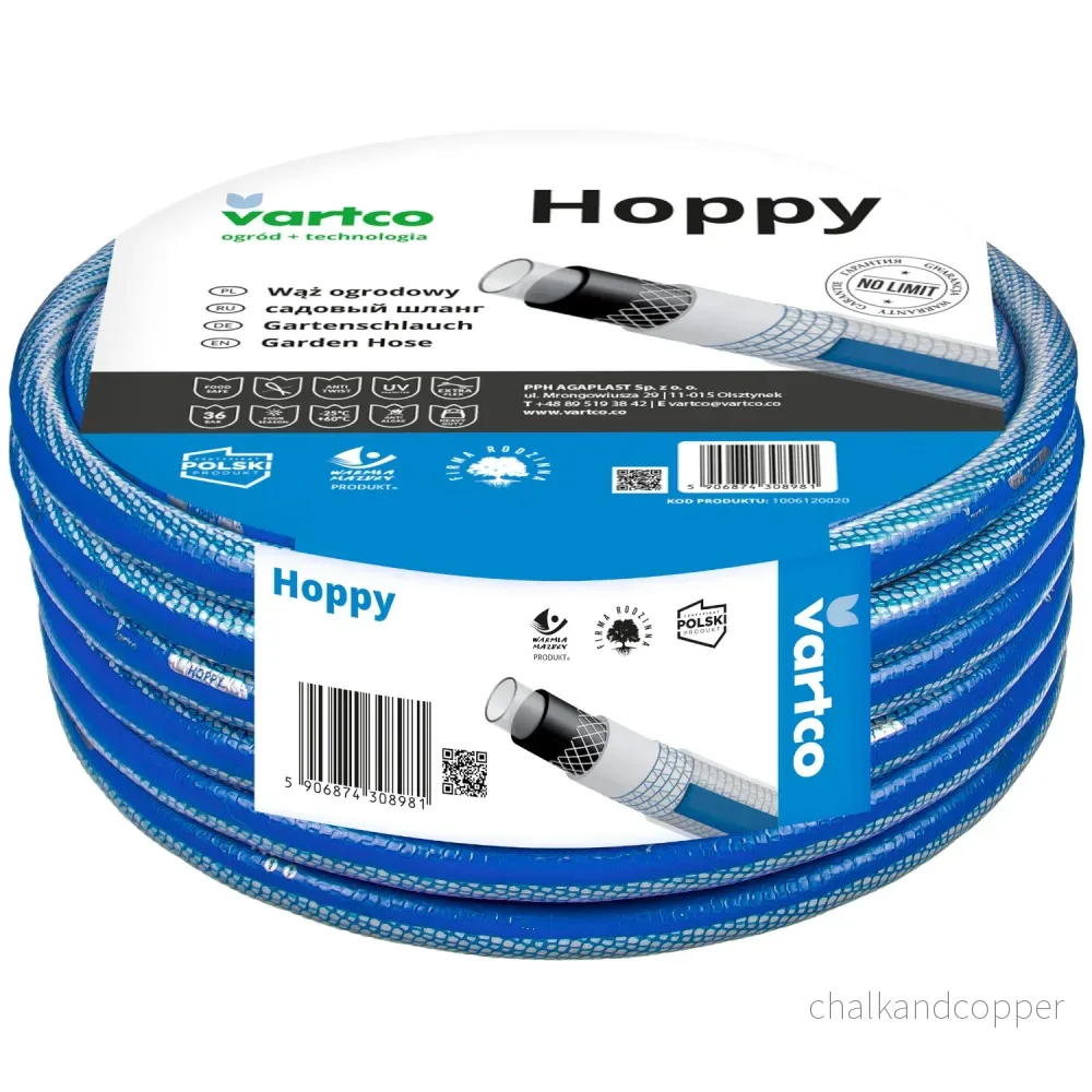 Vartco Hoppy 6-Lagers Vattenslang Trädgårdsslang Slang Trädgårdsbevattning Flexibel Slang Polyesterkorsfläta UV-Beständig Anti Twist 36 Bar (1/2" 30m)