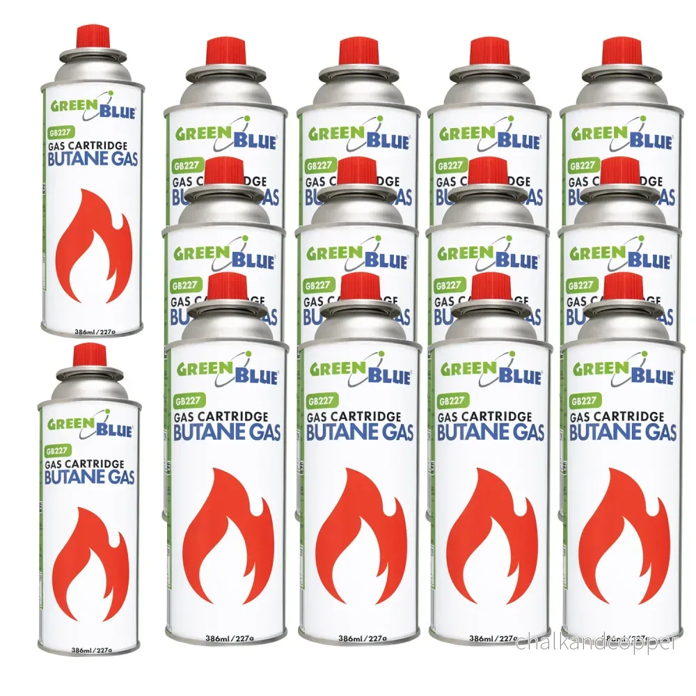 14 gaspatroner à 227 g GreenBlue. Certifikat: Pi 0875, uppfyller standarden EN417, butan, användningstemperatur -10 °C till +40 °C, GB227