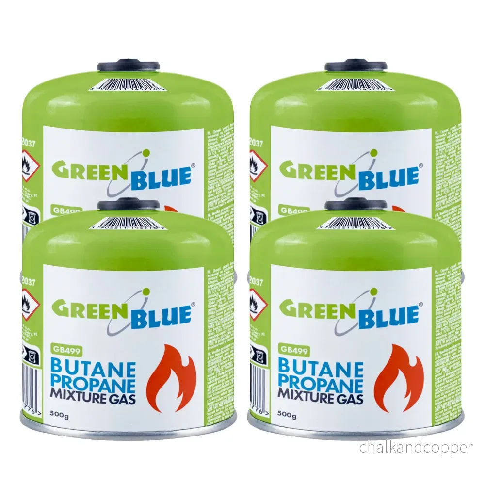 4 st. GreenBlue-gaspatroner à 500 g. Certifikat: Pi 0437, uppfyller EN417, butan-propan, användningstemperatur -10 °C till +40 °C, gängad ventil 7/16'' GB499