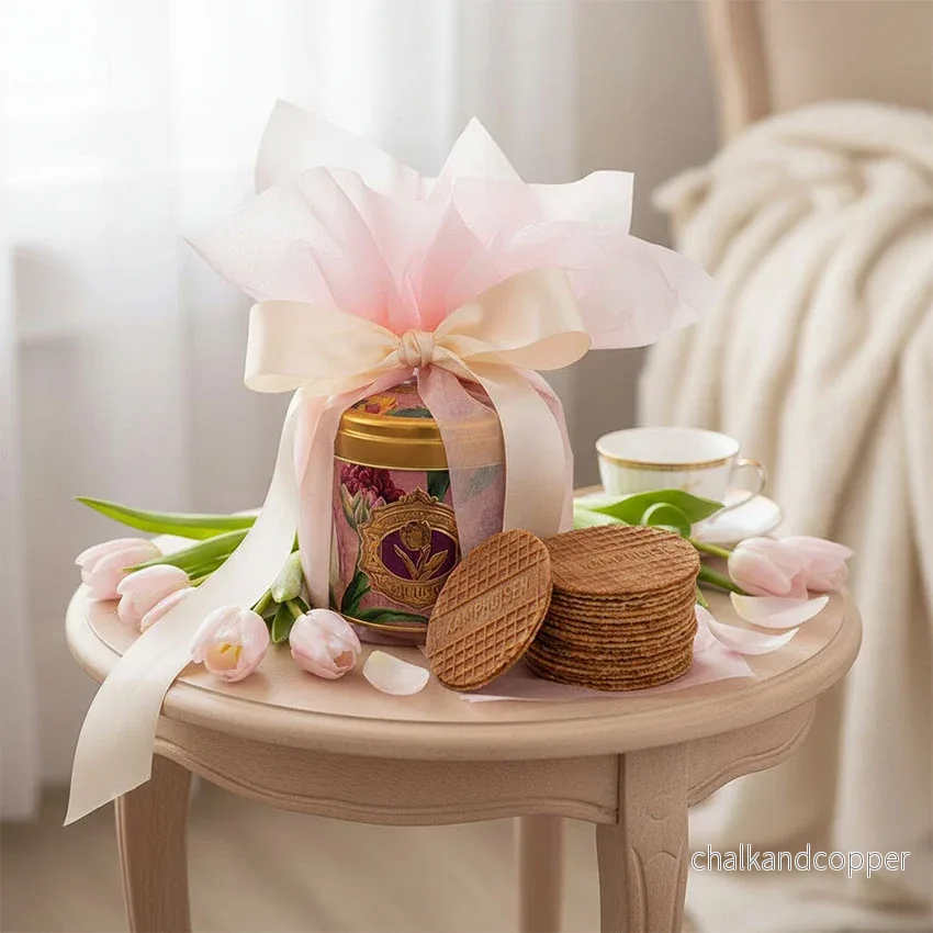 Pretty Tulips Presentburk Rosa med Kamphuisen Sirapsvåfflor (10 st, ca 250 g totalt) – Exklusivt Gåvoset - Bild 2