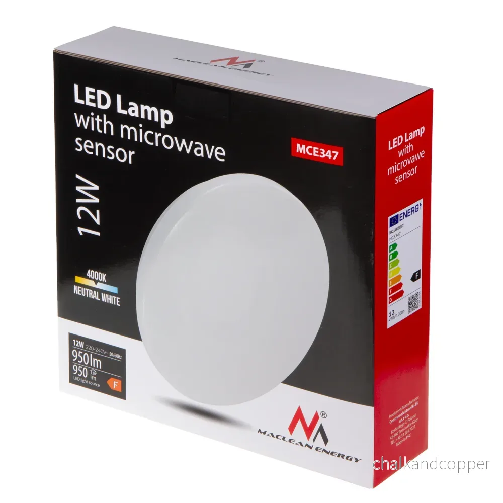 Maclean MCE347 LED sensor ceiling lamp. With a 5.8GHz microwave sensor, it emits a 4000K light with 12W power and 950lm brightness. Rated IP44, it ensures durability and reliability in various settings. - Bild 2