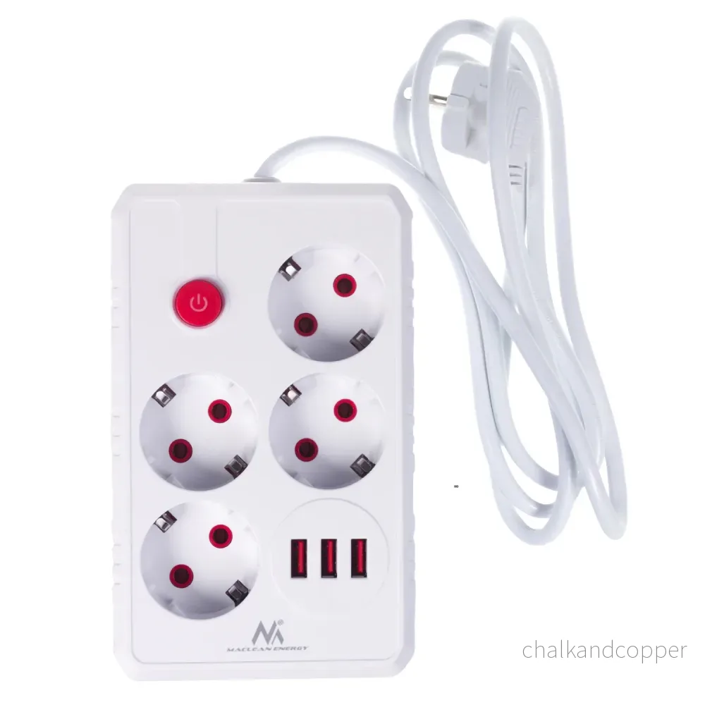 Maclean grenuttag, förlängningskabel 4 uttag + 3xUSB, 110-240V AC 50/60Hz, 2,1A max 2500W, 1,5m, vit, MCE392 W - Bild 2