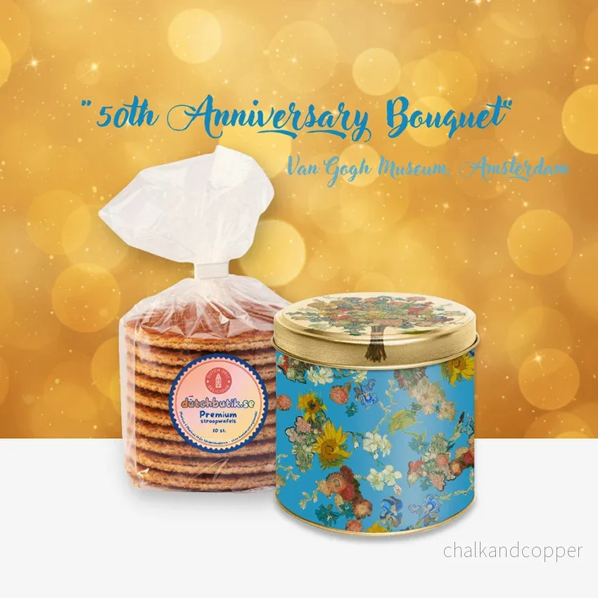 Van Gogh Stroopwafel Plåtburk – Vincent’s Flowers Anniversary med premium stroopwafels (10 st, ca 350 g totalt) – Exklusivt gåvoset