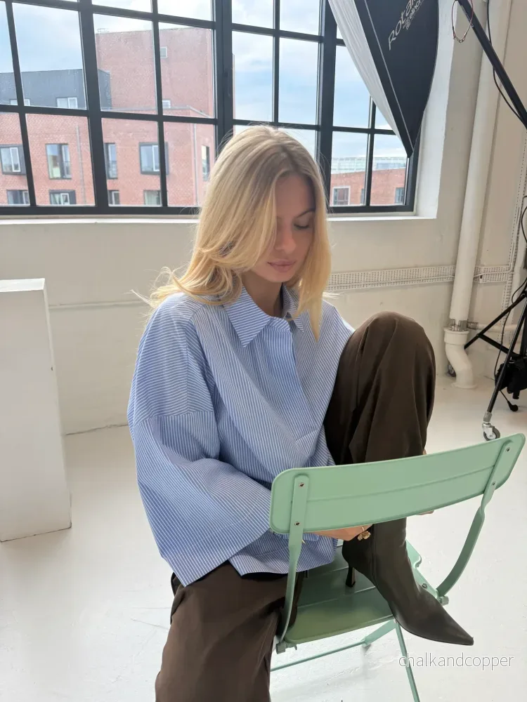 Klara Shirt Blue Stripe Gold Buttons Continue