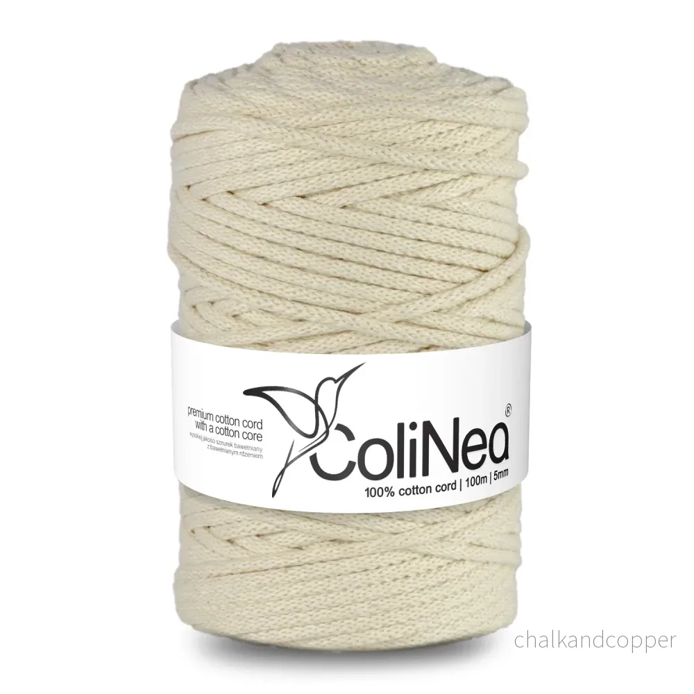 ColiNea's braided cotton cord with a cotton core. This 5mm cord, spanning 100m, in a timeless ivory shade, offers both durability and elegance.