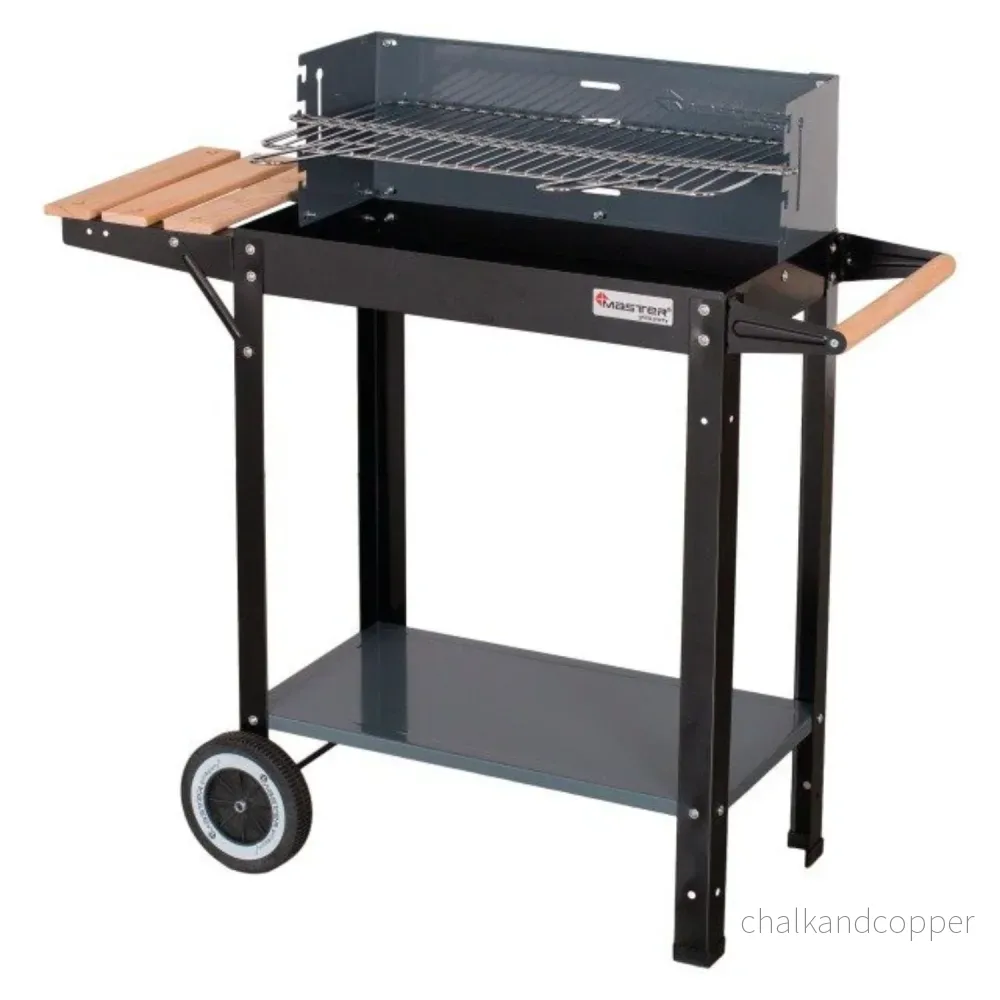 Rektangulär kolgrill Master Grillskål 53x27cm 2 hyllor hjul MG909