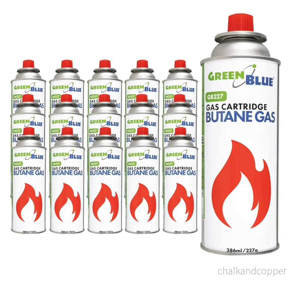 16 gaspatroner à 227 g GreenBlue. Certifikat: Pi 0875, uppfyller standarden EN417, butan, användningstemperatur -10 °C till +40 °C, GB227