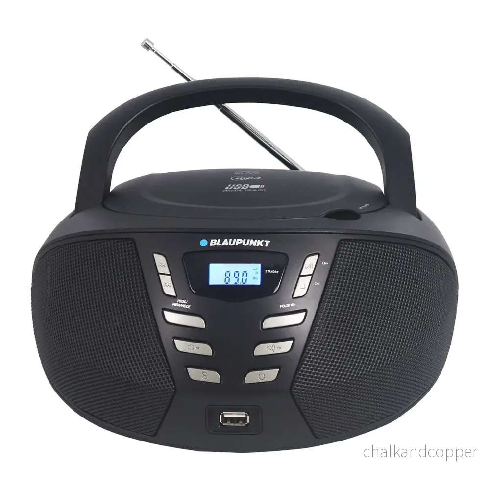 Blaupunkt-boombox, CD/MP3/USB/AUX, LCD-skärm, klocka med väckningsfunktion, FM-radio, BB7BK
