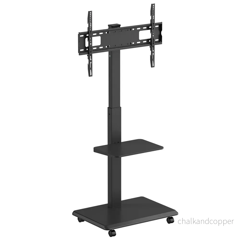 TV-stativ / vagn Ergo-Office, max. belastning 50kg / 5kg hylla, max. VESA 600x400, inbyggt grenuttag, svart, ER-304 B