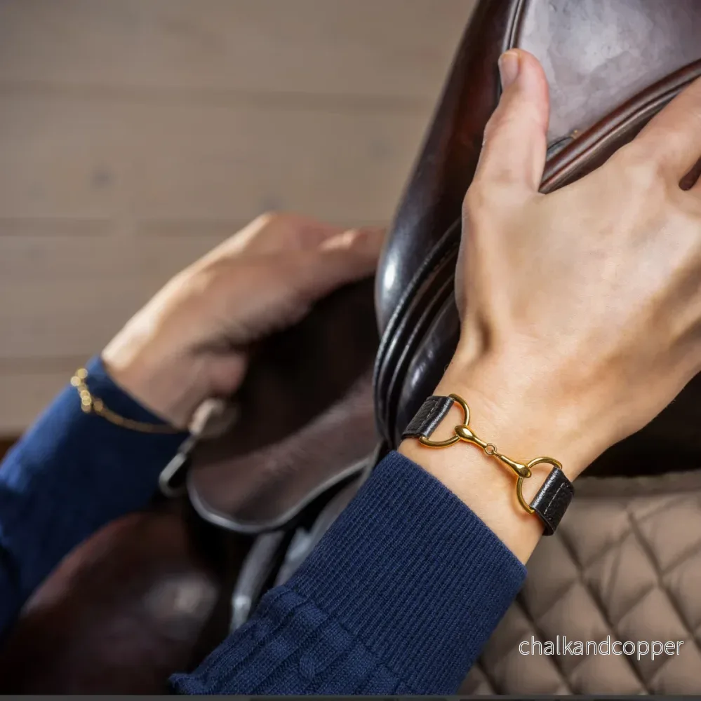 Armband tvådelat bett guldpläterat rostfritt stål & brunt läder - Bild 2