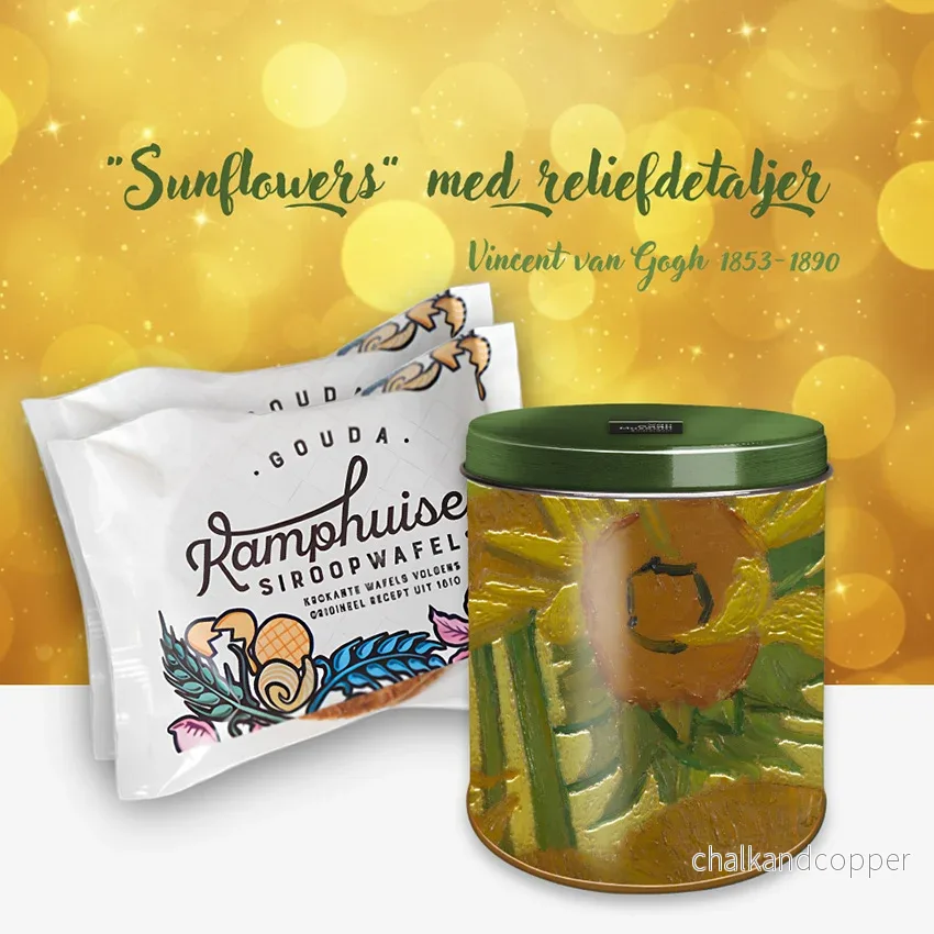 Van Gogh Stroopwafel Plåtburk – Sunflowers med relief och Kamphuisen sirapsvåfflor (10 st, ca 250 g totalt) – Exklusivt gåvoset