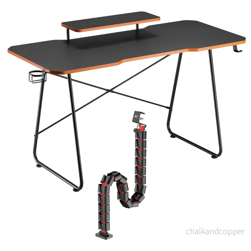 Gamingbord med monitorhylla NanoRS, 50kg max, höjd 850mm, svart, RS170+Kabelarrangör / bordsgaller Nano RS, 1345mm, svart och röd, RS125