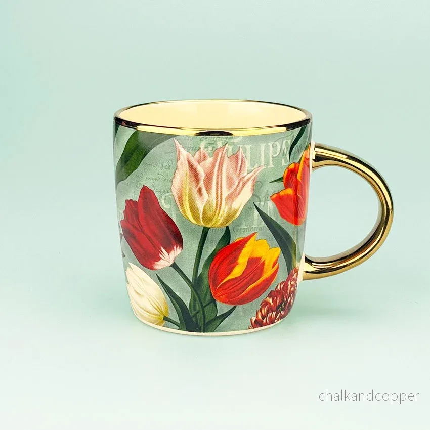 Pretty Tulips Mugg Grön 27cl – Exklusiv Design med Gulddetaljer