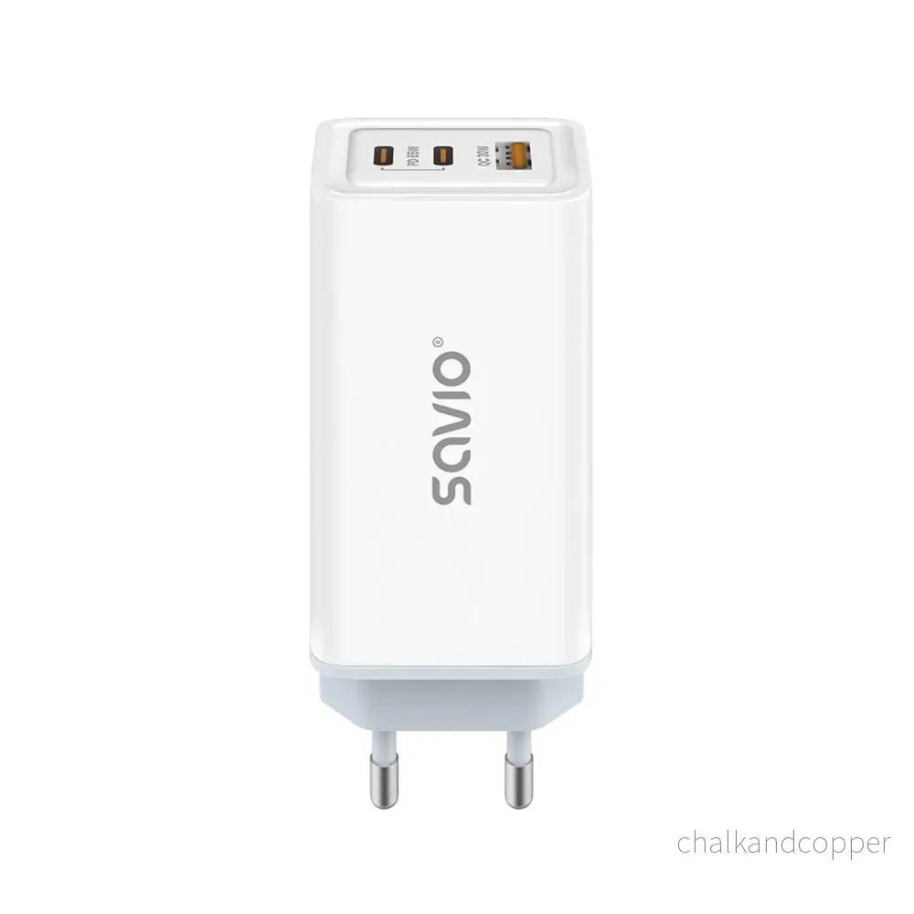 Savio nätladdare, 1x USB-A, 2x USB-C, GaN, 65W, vit, SAVLA-07