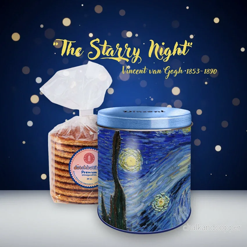 Van Gogh plåtburk Starry Night med premium stroopwafels (10 st, ca 350 g totalt) – Exklusivt gåvoset