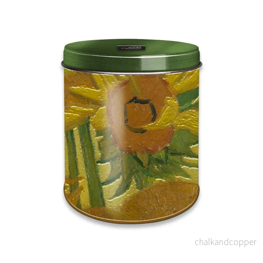 Van Gogh Stroopwafel Plåtburk – Sunflowers med reliefdetaljer och premium stroopwafels (10 st, ca 350 g totalt) – Exklusivt gåvoset - Bild 2