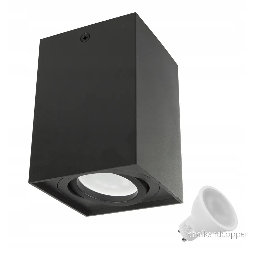 Maclean tub / utanpåliggande armatur, strålkastare, halogen, fyrkantig, aluminium, glödlampa 5W GU10, 80x80x115mm, svart färg, MCE426 B +