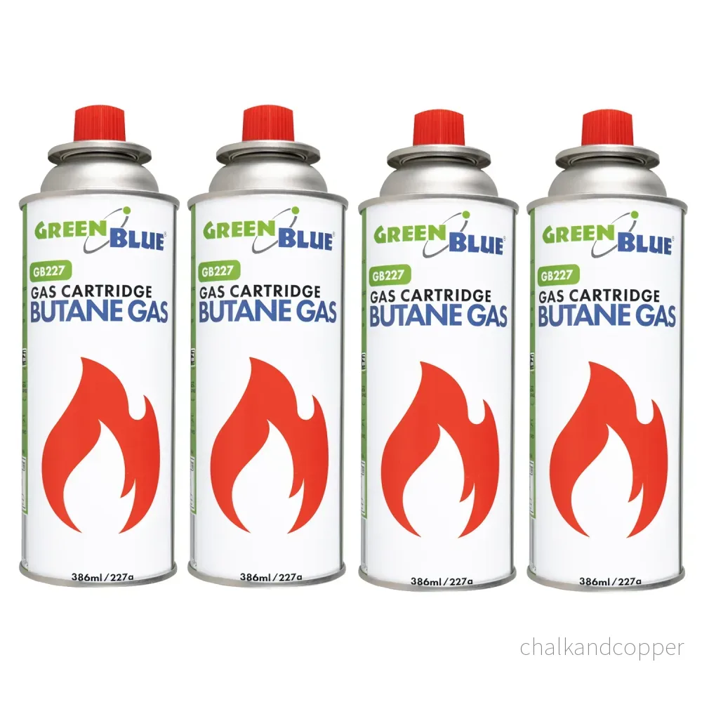 4 gaspatroner à 227 g GreenBlue. Certifikat: Pi 0875, uppfyller standarden EN417, butan, användningstemperatur -10 °C till +40 °C, GB227