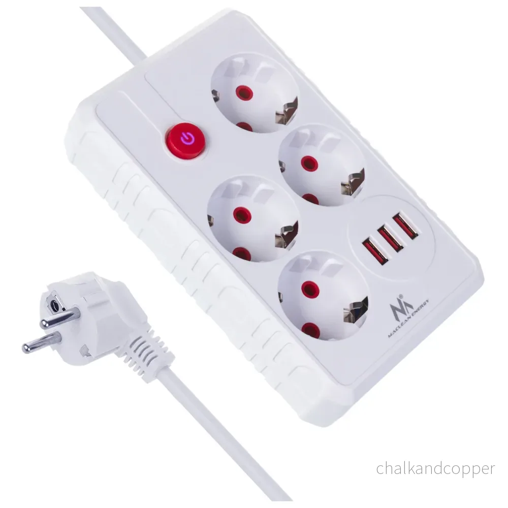 Maclean grenuttag, förlängningskabel 4 uttag + 3xUSB, 110-240V AC 50/60Hz, 2,1A max 2500W, 1,5m, vit, MCE392 W