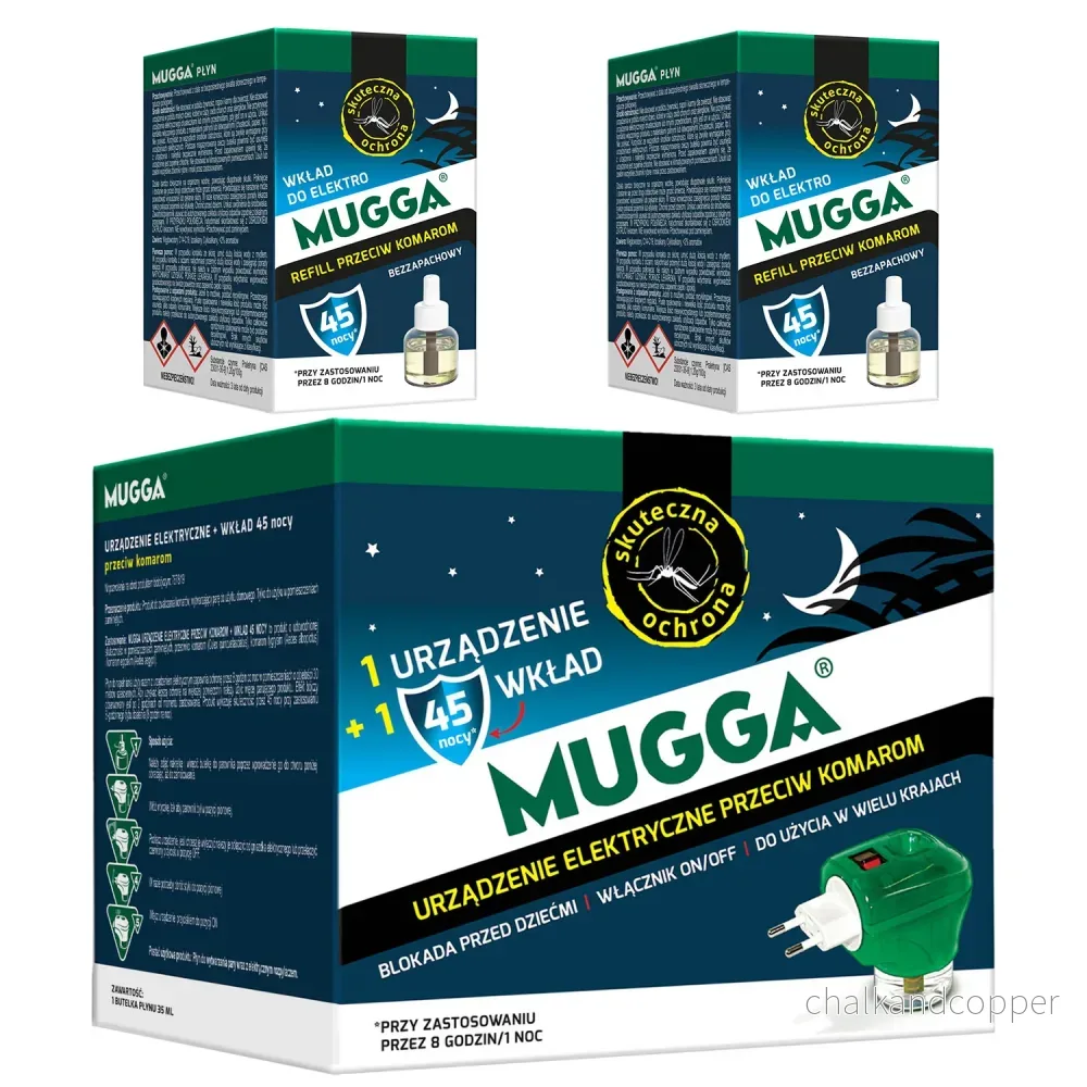 Elektrisk enhet med Mugga 45 natt myggrefill 35ml + 2x Mugga 45 natt myggvätska refill 35ml