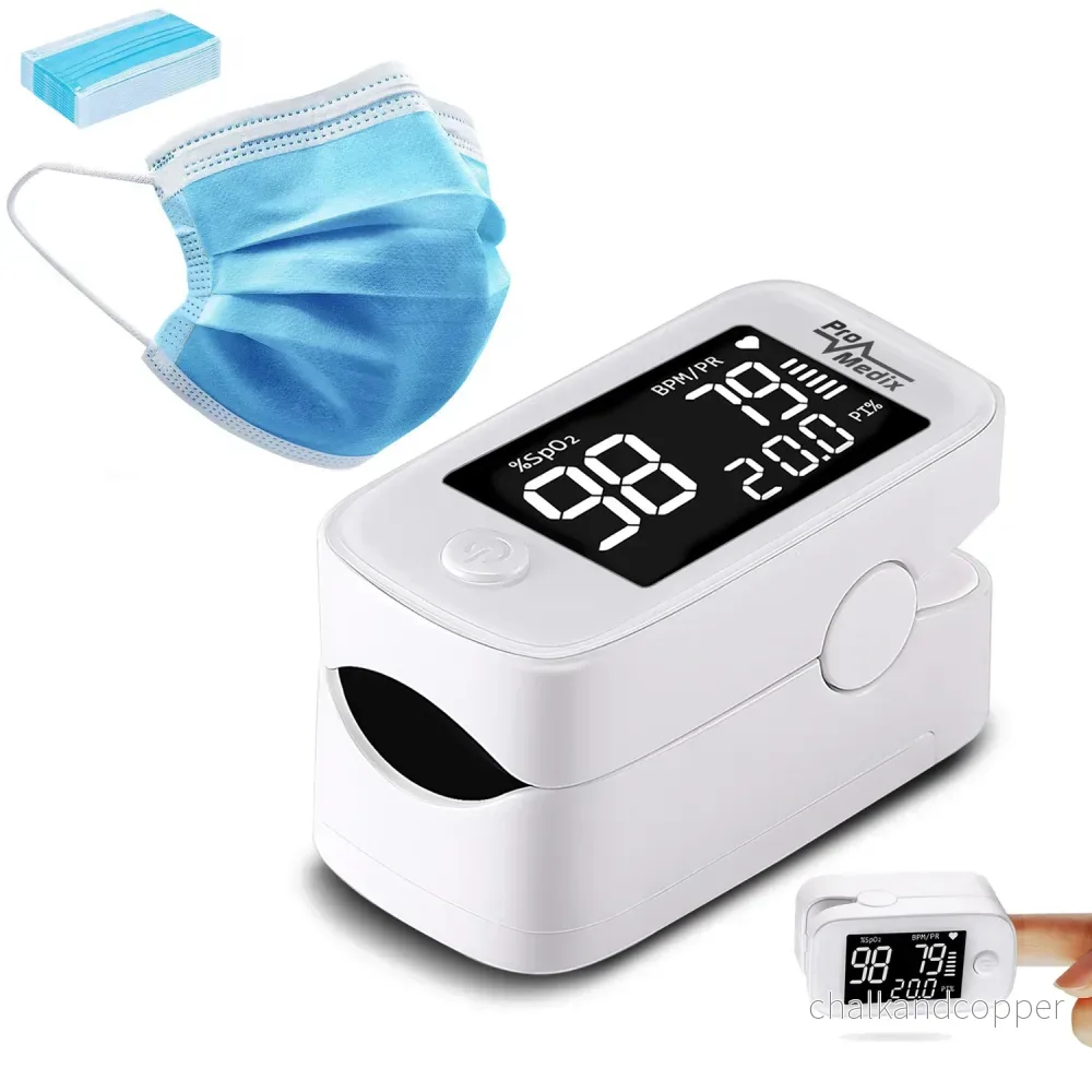 Promedix PR-870 1,5" HD LED pulsoximeter medicinsk pulsoximeter + 2x Medicinska masker CE EN 14683:2019 - set - blå färg 10 stycken Promedix PR-280 BFE>98%.