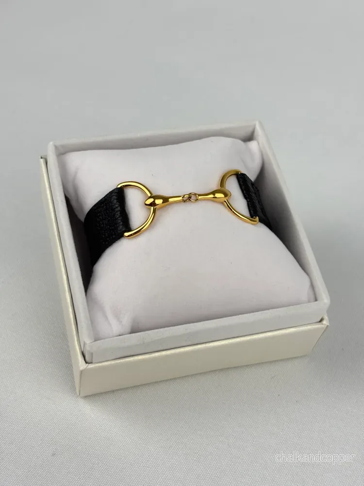 Armband tvådelat bett guldpläterat rostfritt stål & svart läder - Bild 3