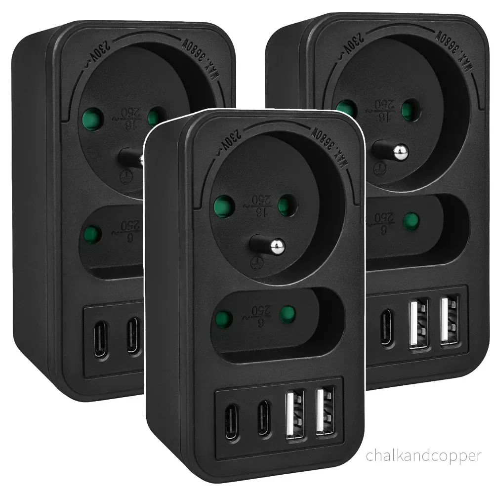 Maclean strömuttag x2 + 4xUSB, splitter med 2 uttag, 2xUSB A, 2xUSB C PD 20W, 1x16A + 1x6A, MCE249 F/B, 3 st