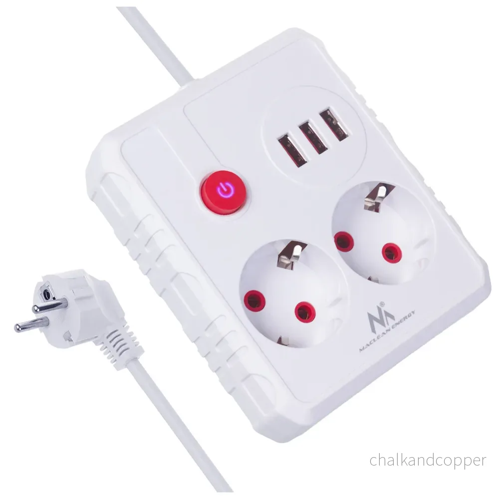 Maclean grenuttag, förlängningskabel 2 uttag + 3xUSB, 110-240V AC 50/60Hz, 2,1A max 2500W, 1,5m, vit, MCE387 W