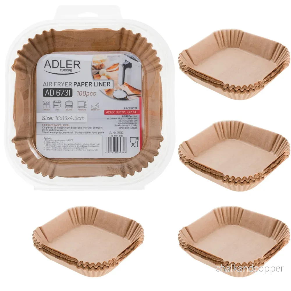 Pappersinsatser för fritös, airfryer, Adler, 16 cm, upp till 240 °C, biologiskt nedbrytbara, 500 stycken, AD 6731
