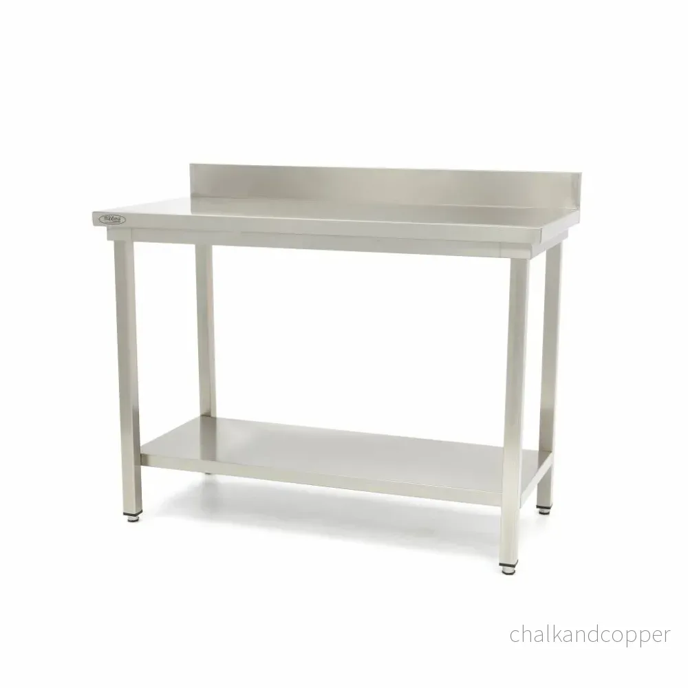 Bord i rostfritt stål - 80 x 60 cm - Justerbar höjd - med ryggplatta och förvaringshylla