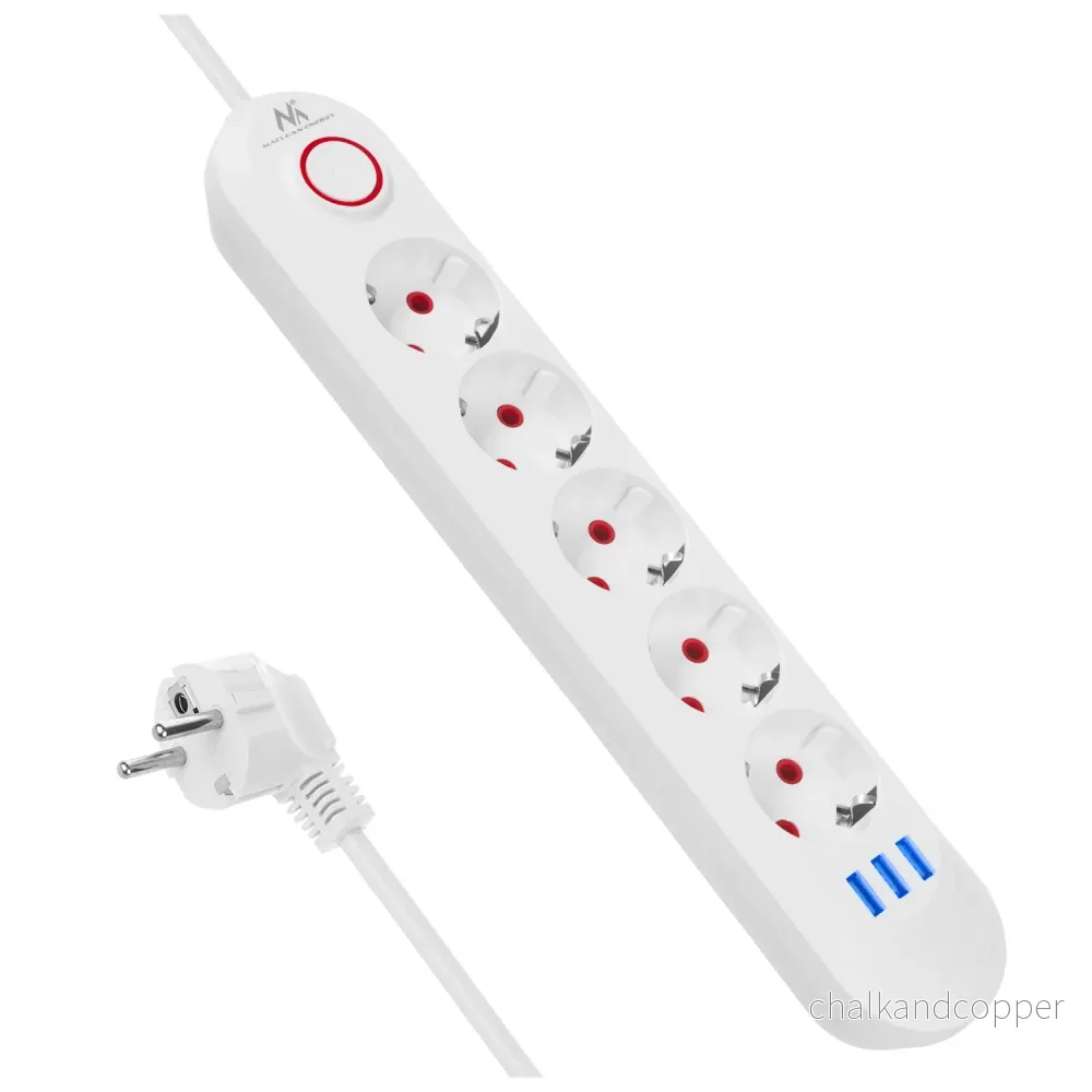 Maclean grenuttag, förlängningskabel 5 uttag + 3xUSB, 110-240V AC 50/60Hz, 2,1A max 2500W, 1,5m, vit, MCE395 W