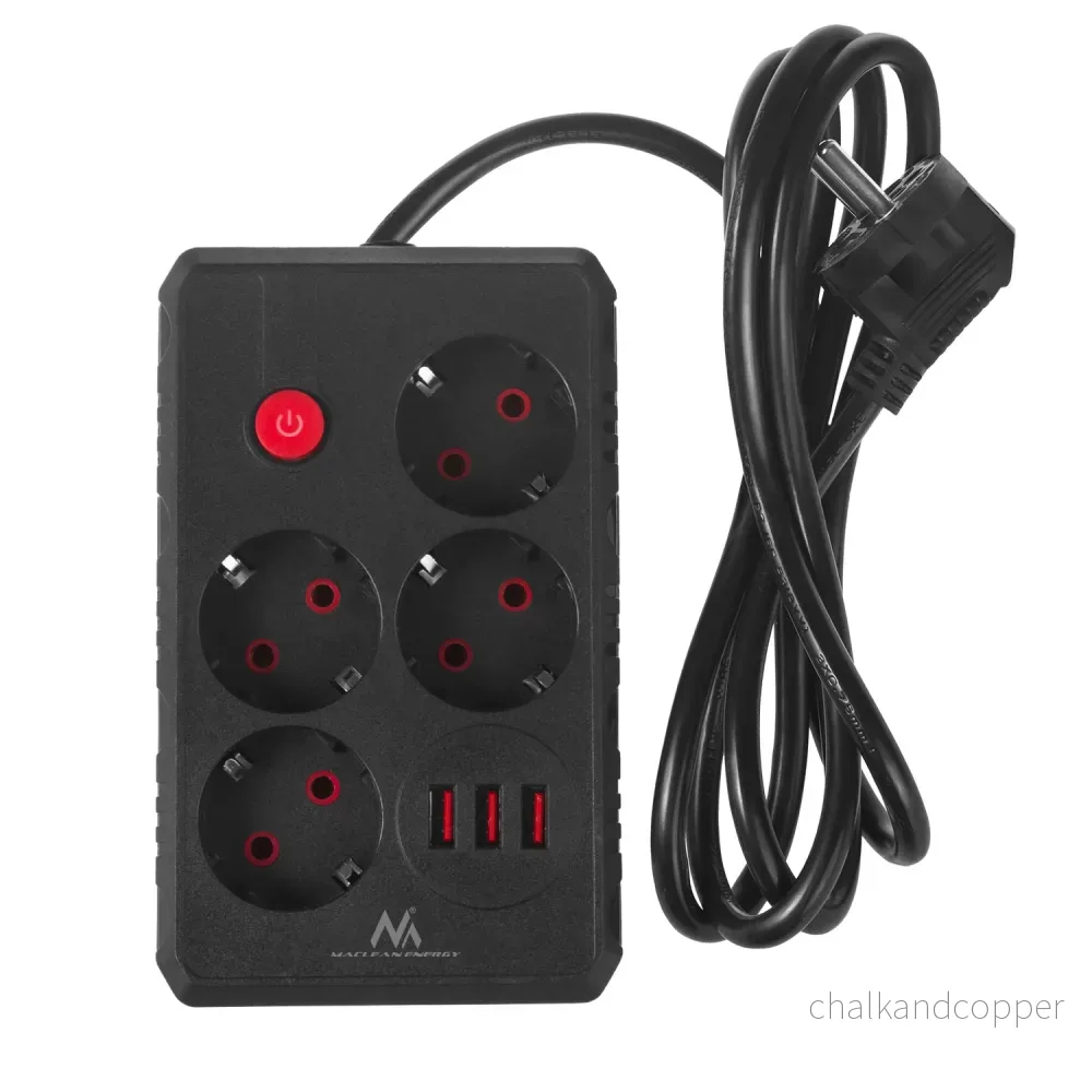 Maclean grenuttag, förlängningskabel 4 uttag + 3xUSB, 110-240V AC 50/60Hz, 2,1A max 2500W, 1,5m, svart, MCE392 B - Bild 2