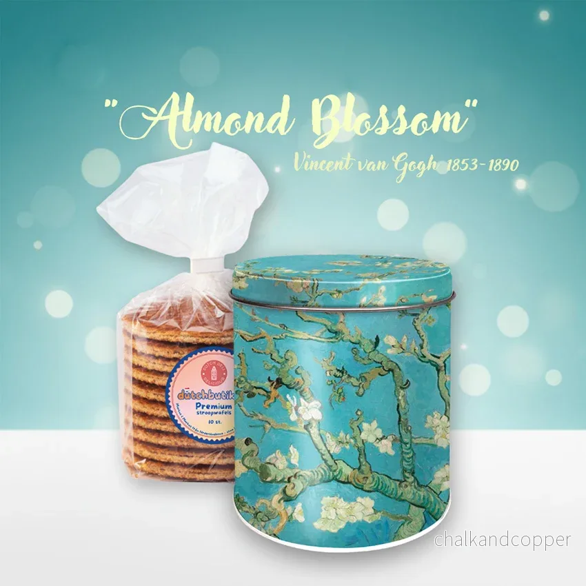 Van Gogh plåtburk Mandelblom med premium stroopwafels (10 st, ca 350 g totalt) – Exklusivt gåvoset